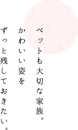 ペットも大切な家族。 かわいい姿を ずっと残しておきたい。